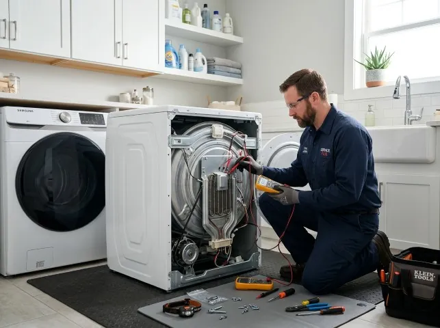 Appliance Repair Hero technician checking a dryer heating element with the rear panel off in Burlington, NJ