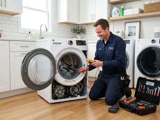 Appliance Repair Hero technician testing a front-load washer with a multimeter on a Burlington, NJ service call